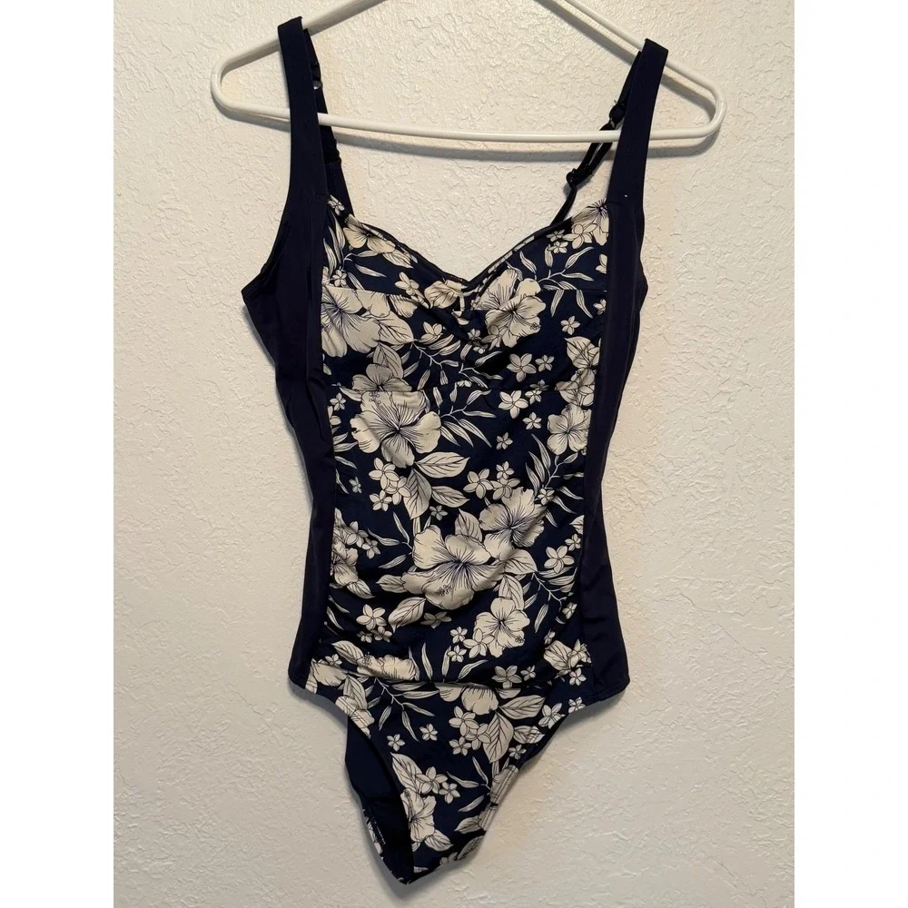 Dorina Navy Blue White Hibiscus Floral One Piece Swimsuit D17124A Large